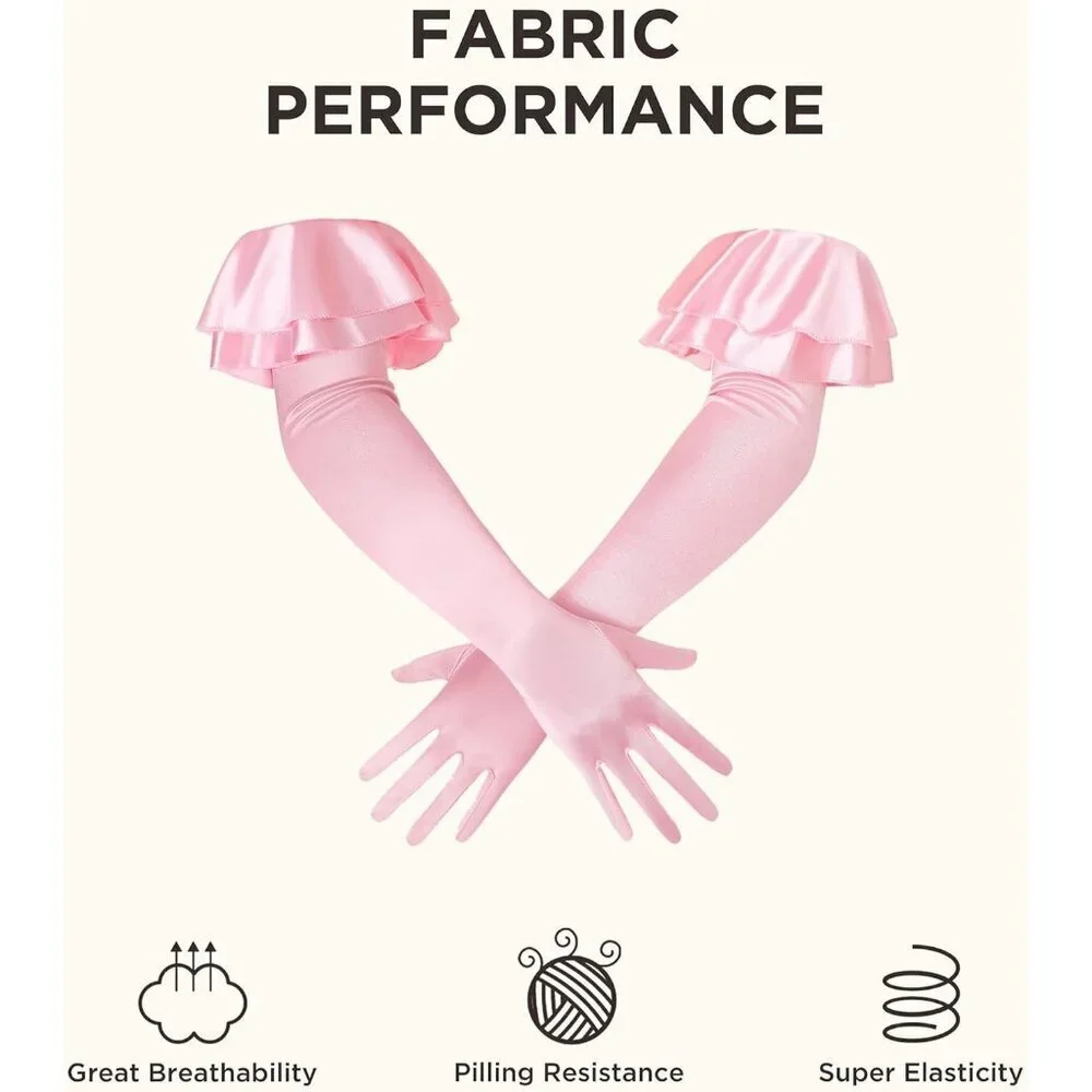 Women's Pink Long Satin Ruffle Cuff Stretchy Sleeves Gloves Wedding Costume